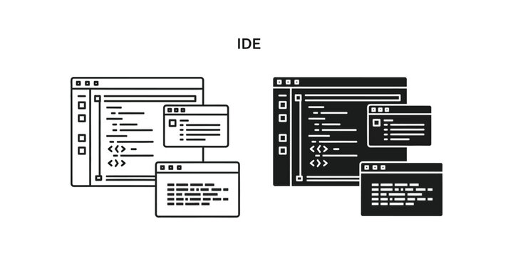 Integrated development environment ide set featuring coding windows and syntax in minimalist black and white