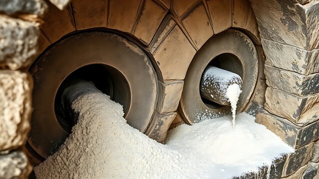 An old stone mill with fine white flour flowing from between the millstones.