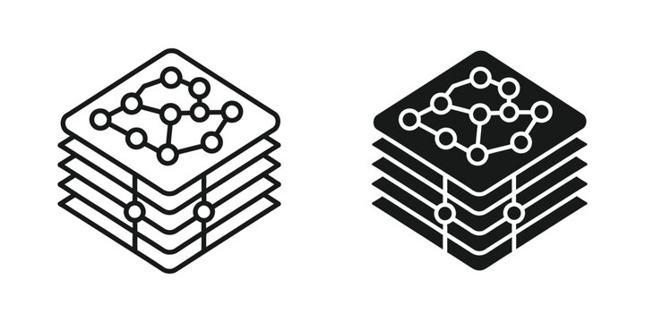Layered data network cube set with connected nodes in isometric outline and solid black style layers