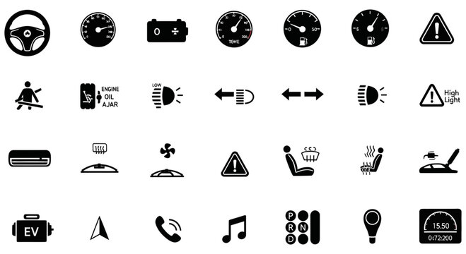 Set of black car dashboard indicator light and warning icons