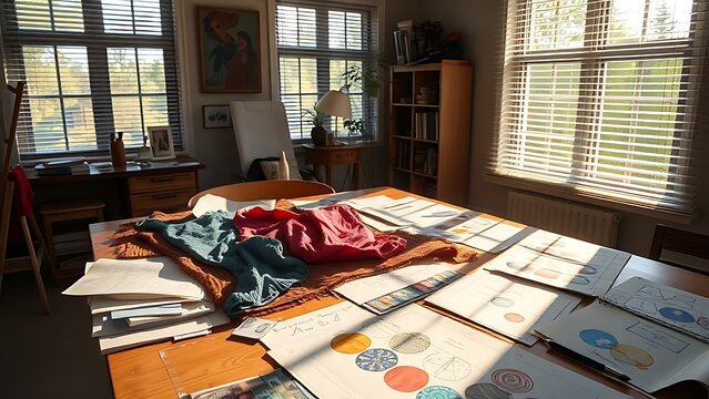 Afternoon sunlight through blinds onto a worktable with fabric swatches and sketches.