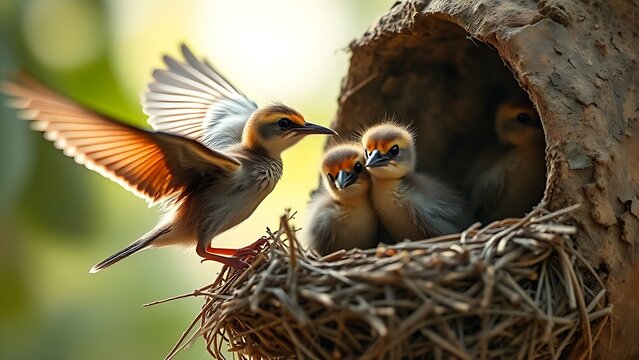 Fledgling birds being urged from their nest, attempting their first clumsy flights.