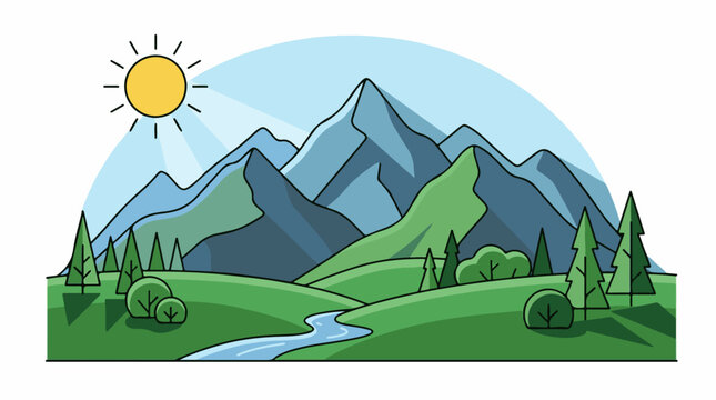 A serene mountain landscape with a sun trees and a winding stream