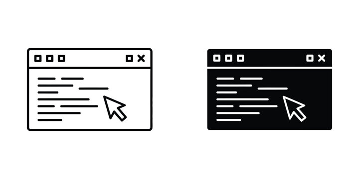 Web browser navigation set featuring cursor pointer and text lines in outline and solid black ui style