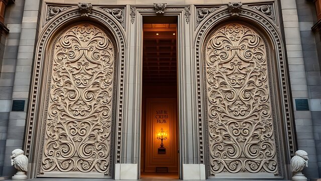 Massive stone doors with carvings, one ajar revealing golden light.