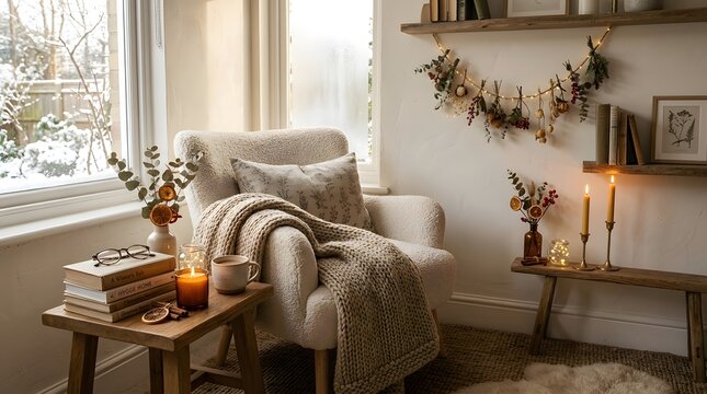 Cozy reading nook with chair and Christmas decorations
