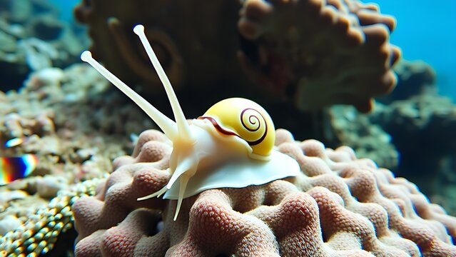 Triton snail extending its tentacles on a coral reef with a visible spiral shell.