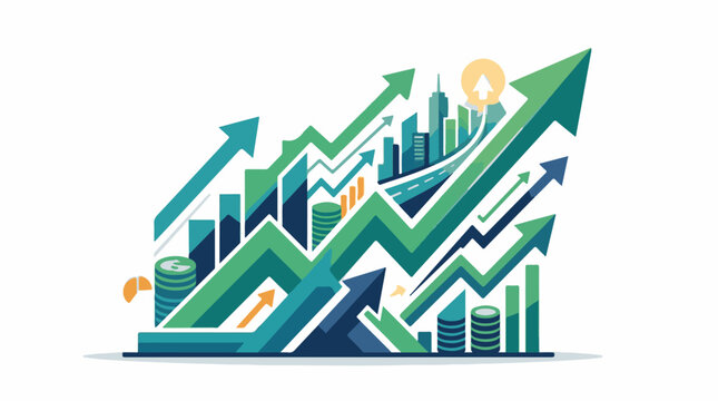 A colorful illustration of growing business with arrows and graphs