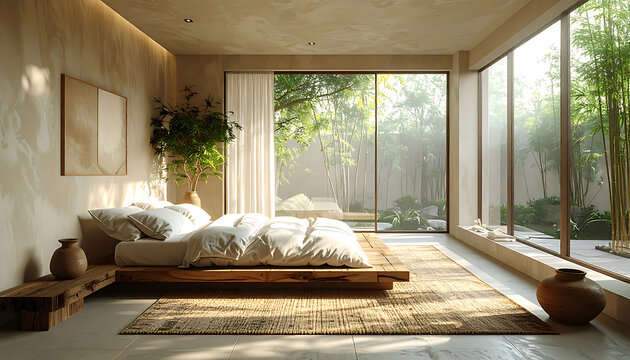 Serene minimalist Wabi-Sabi bedroom with natural light and greenery