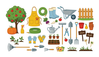 Garden equipment transparent garden vector set, farm wheelbarrow and fence collection, agriculture tools shovel and rake, organic apple tree sprout and pumpkin elements. © Creative Studio 