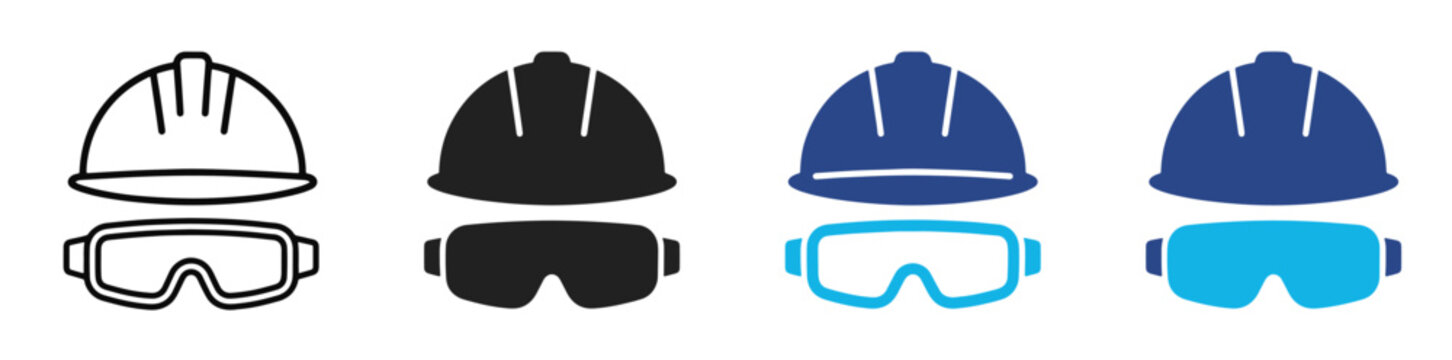Protection glasses and hardhat icon. Safety first symbol. Worker, builder, helmet, manufacture, engineer, personal protect. Outline, flat and colored style. vector new
