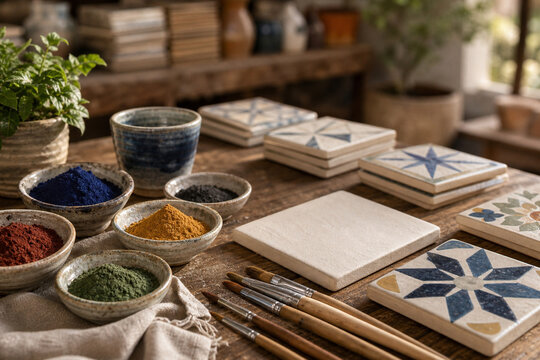Natural pigments and handmade tiles on artisan table