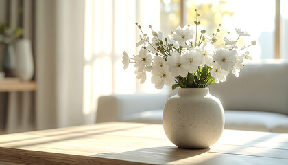 Minimalist ceramic vase with delicate white flowers on a sunlit wooden table © Saktanong