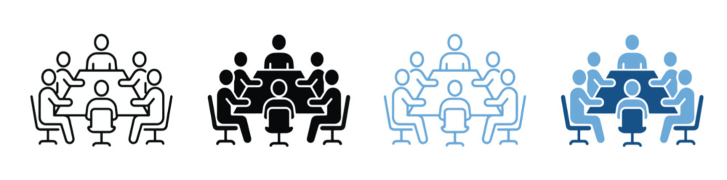 meeting with six people sitting around a square table in a conference room icon set, business meeting icon , vector illustration new 