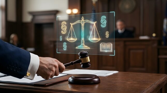Lawyer holding gavel with holographic legal symbols.