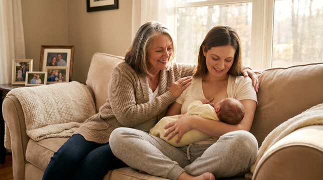 Happy mother breastfeeding baby on sofa with grandmother support at home