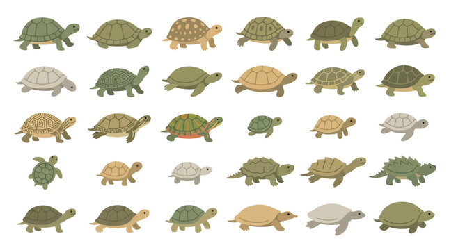 Collection of various cartoon turtles and tortoises in different sizes and colors, isolated on a white background.