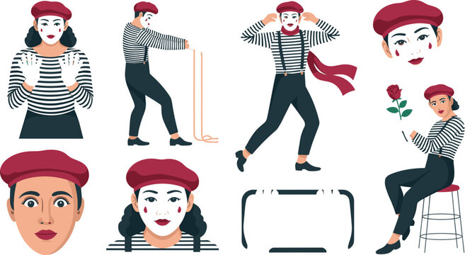 French Mime Artist Character Collection Featuring Pantomime Performers in Striped Shirts Berets and White Makeup for Street Theater and Entertainment Vector Design