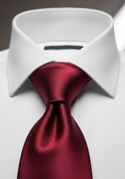 A tightly knotted silk necktie rests high against a crisp white collar, symbolizing professionalism and sharp dressing, necktie, dressing, upscale