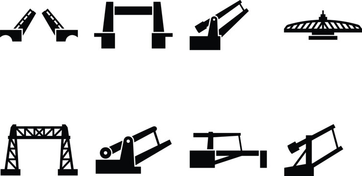 Vector set of moveable bridge icons illustrating different types of opening and movable bridges for engineering or navigation concepts