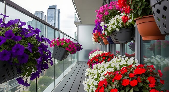 A vibrant modern balcony adorned with an abundance of colorful potted and hanging flowers, overlooking a city skyline with tall buildings.