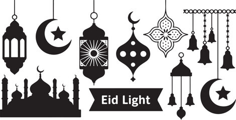 Naklejka premium Islamic eid mubarak ramadan kareem icons collection featuring lanterns moon star mosque silhouette and festive hanging decorations.