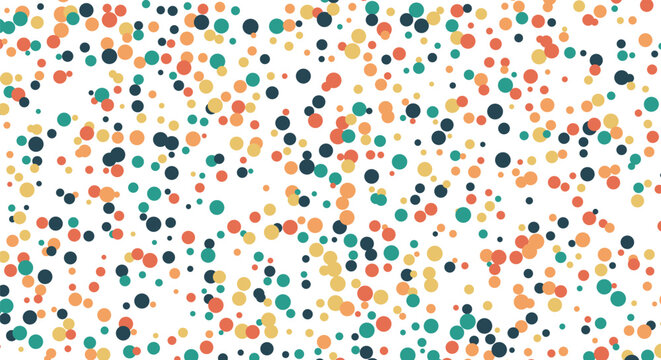 Colorful confetti background with random circles in warm and teal tones.