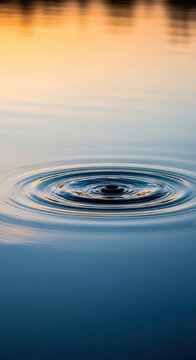 Close up texture shot of water surface with small concentric ripples spreading out across the calm, reflecting lake, peaceful, aqua, summer