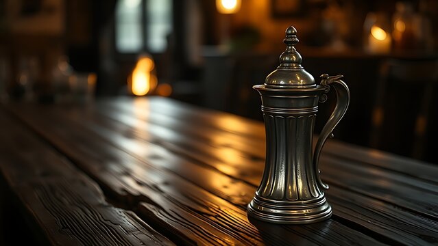 A pewter flagon on a rustic wooden table, reflecting warm firelight in a dark setting.
