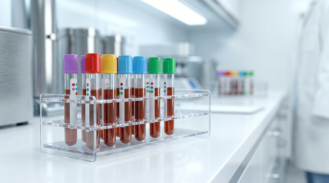 Laboratory blood samples in test tubes on rack in clinical analysis environment