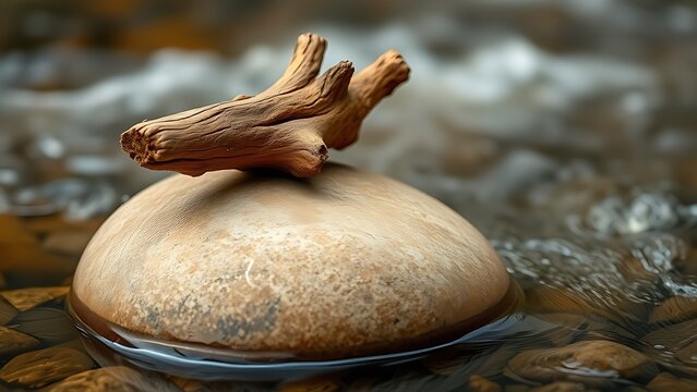 A smooth river stone acting as a chock for driftwood in a stream.