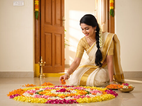 attractive indian woman decorating traditional onam pookalam at kerala home entrance with flower petals and festive decorations