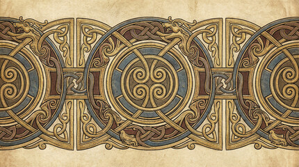 Naklejka premium Intricate celtic knotwork border with dragon head motifs and ancient parchment texture.