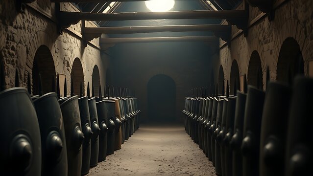 Ancient barracks interior with shields arranged in a defensive formation.