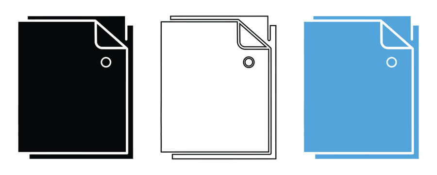 Document paper icon set in black, white and blue, business file vector