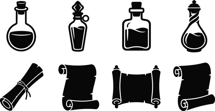 Vector silhouettes of medieval magic potion bottles and ancient paper scrolls set isolated on white background