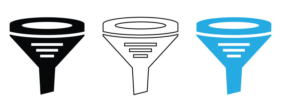 Funnel icon set with filter lines in black, white and blue, sales conversion vector