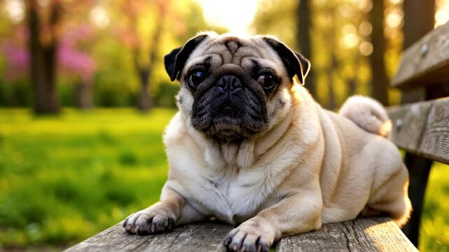 adorable pug resting outdoors on a wooden bench looking at the camera with gentle and cute gaze and a wagging tail