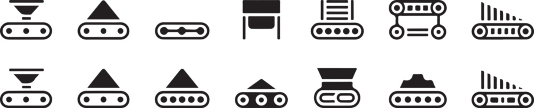 Industrial factory production line icons featuring conveyor belt systems with various mechanical parts and sorting equipment set.