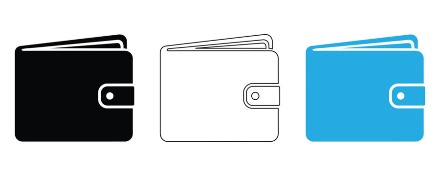 Wallet icon set in black, white and blue, money purse vector illustration