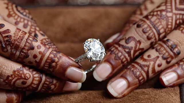 Diamond ring held by hands adorned with henna tattoos, showcasing luxury and love, a beautiful engagement celebration