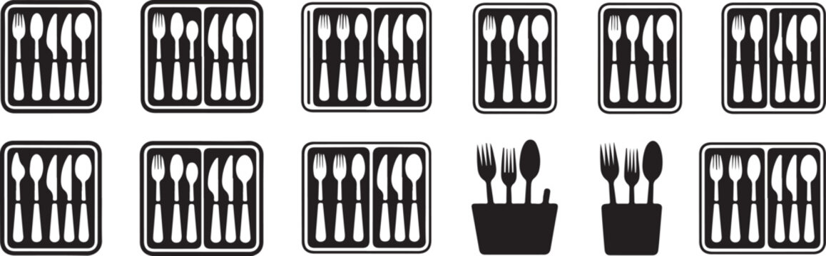 Set of kitchen cutlery organizers containing forks knives and spoons arranged in containers isolated on a dark transparent screen.