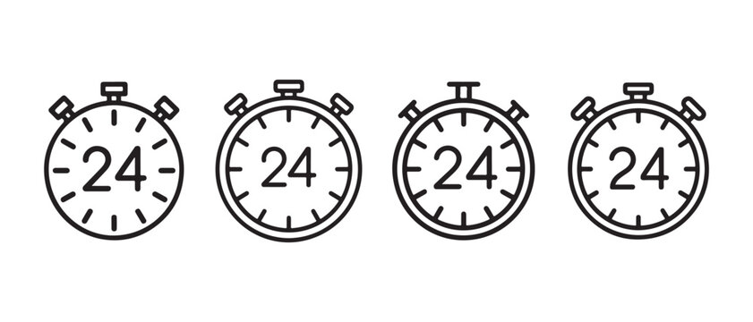 Set of four simple black outline icons of stopwatches with the number 24 inside representing twenty four hour service or time limit.