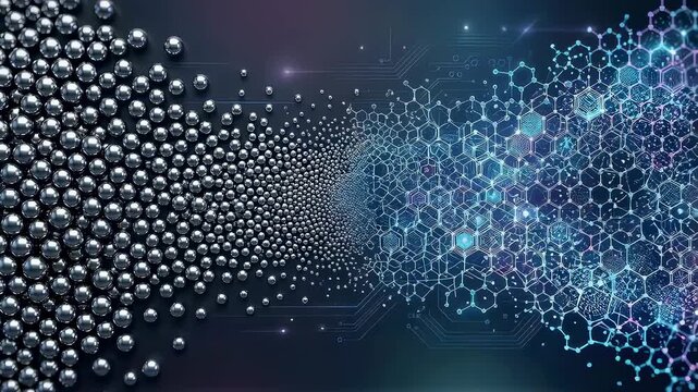 Metallic spheres transforming into blue glowing digital hexagonal grid structure. Futuristic data stream and abstract particle connection in cyberspace environment.