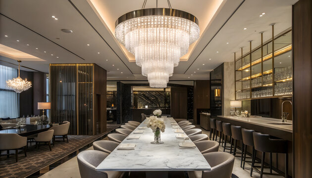 Elegant private dining room in luxury hotel restaurant for corporate events or upscale celebrations.