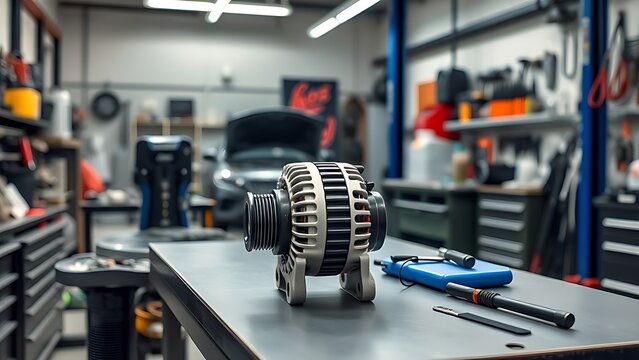 A modern auto repair workshop with an alternator on a tidy bench.