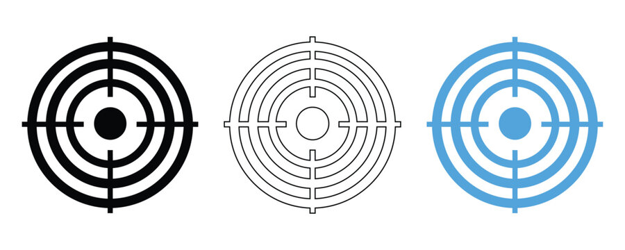 Target bullseye icon set in black, white and blue, goal achievement symbol