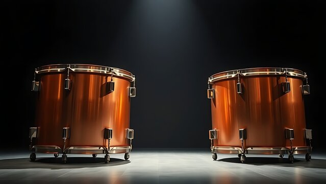 Two polished copper kettledrums on a dark stage under a single spotlight.