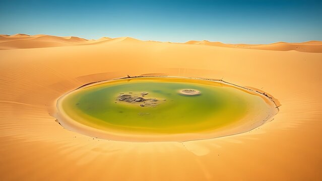 A small oasis pond in a vast desert, its edge encroached by advancing sand dunes.