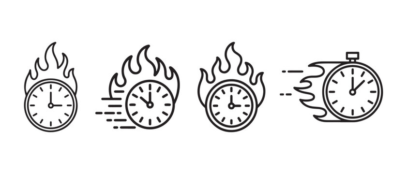 Set of four fast clock icons with fire flames and motion speed lines representing urgency and deadline pressure in a simple black outline vector style.